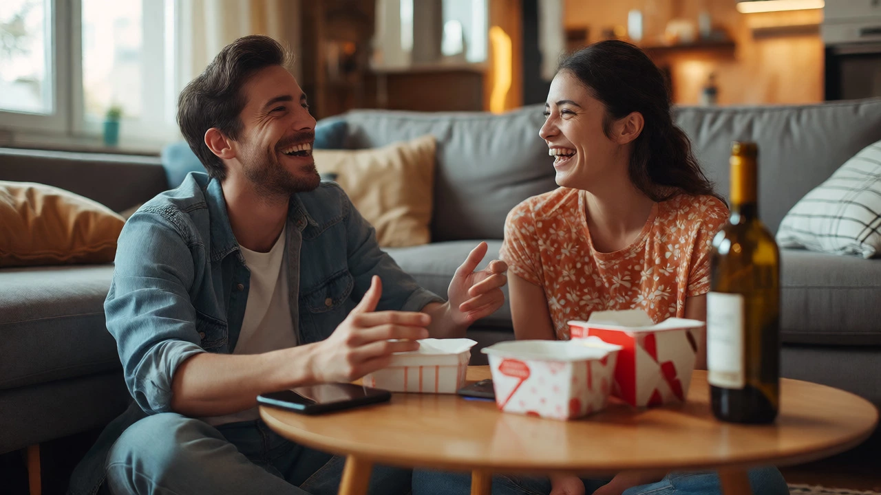Partner laughing together on the floor with phones set aside for quality time.