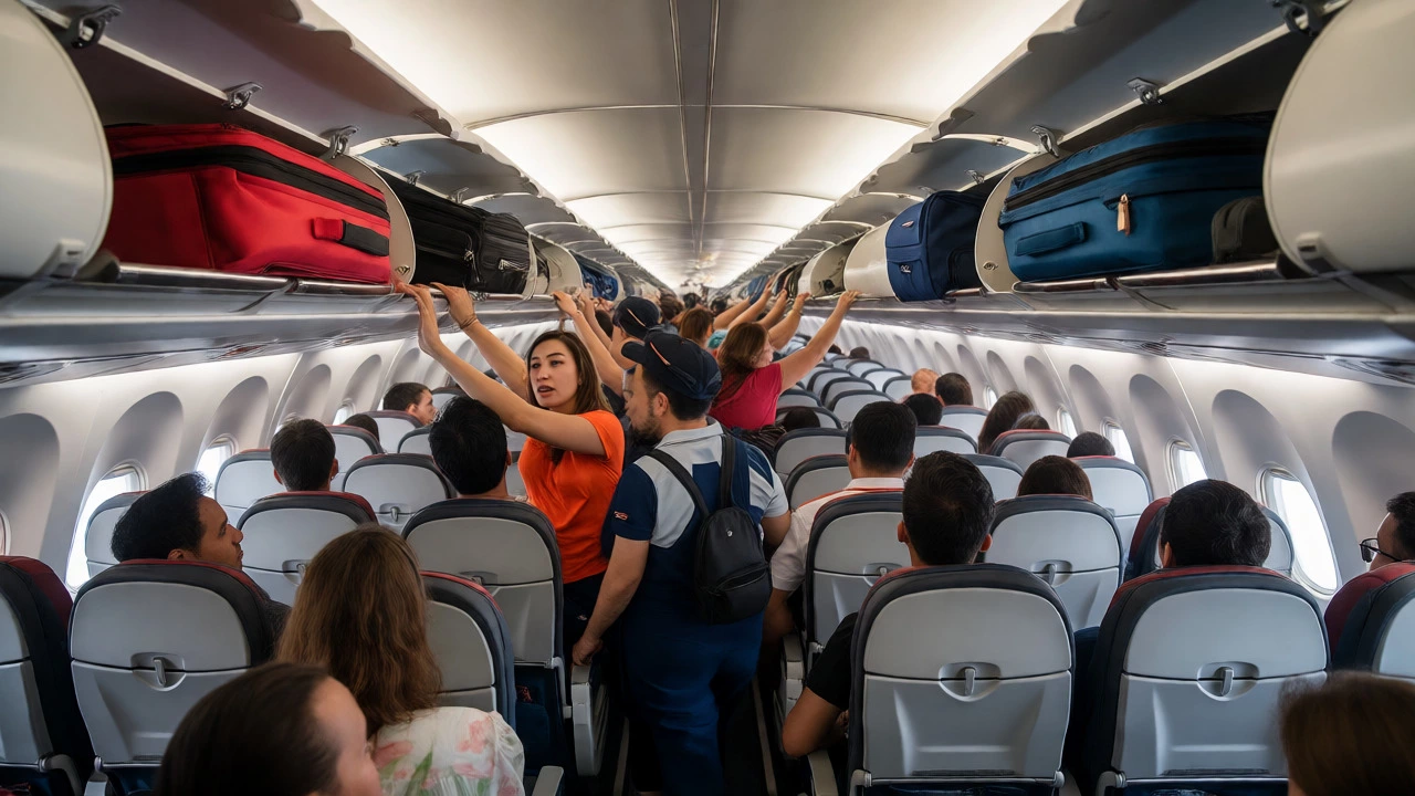 Passengers struggling to fit carry-on bags into cramped overhead bins on budget plane