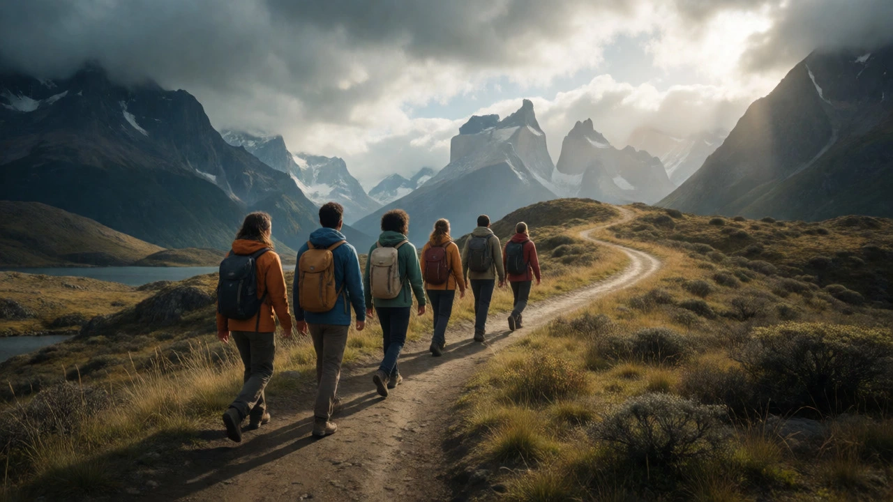 Small group hiking a scenic mountain trail in Patagonia