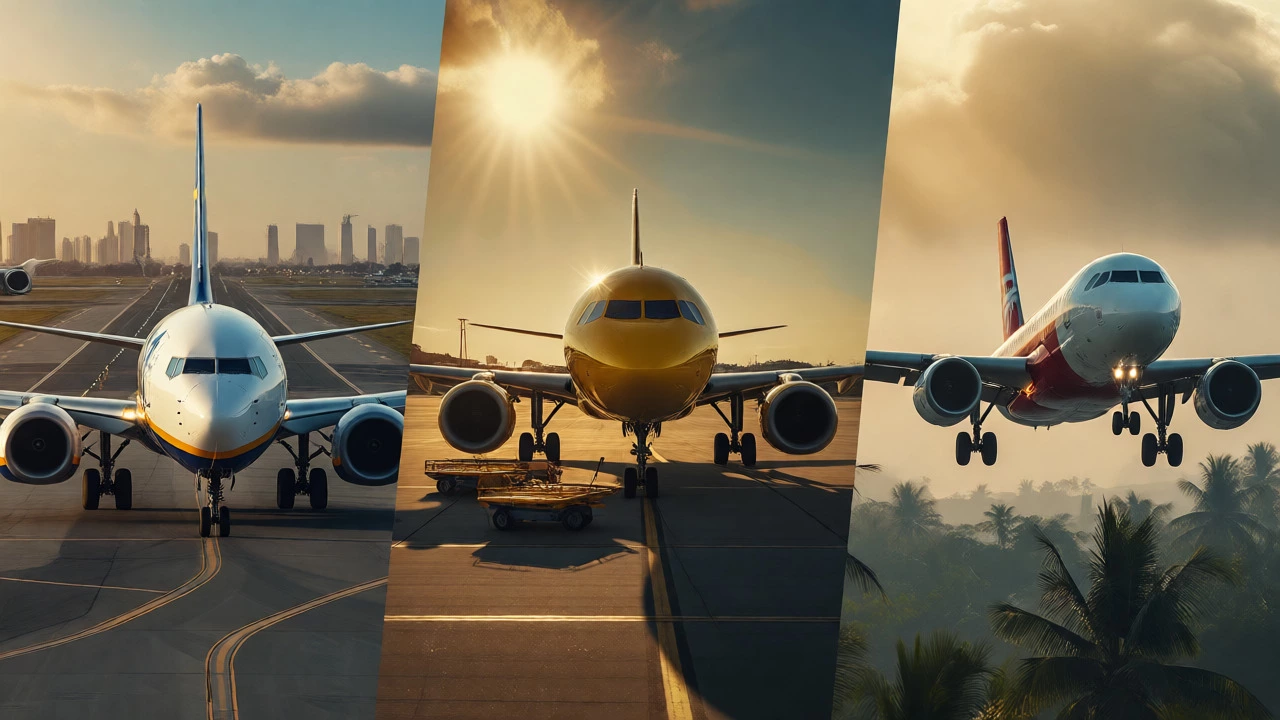 Split view of Ryanair, Spirit, and AirAsia planes in different global settings