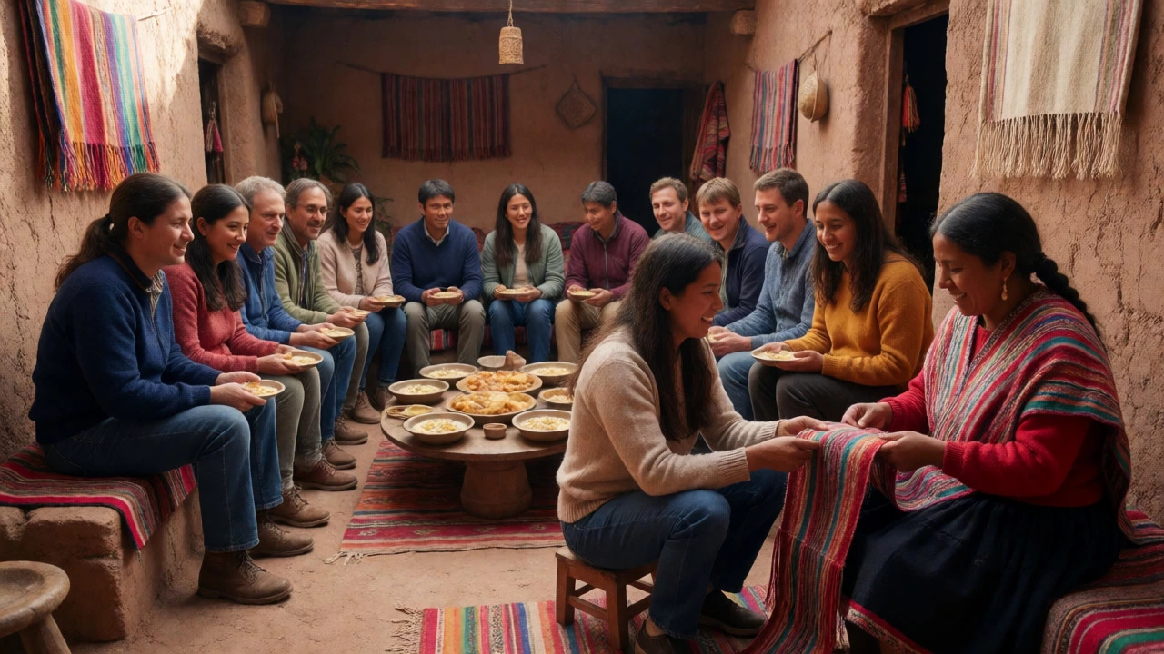 Tourists sharing a meal with locals in a Peruvian village courtyard
