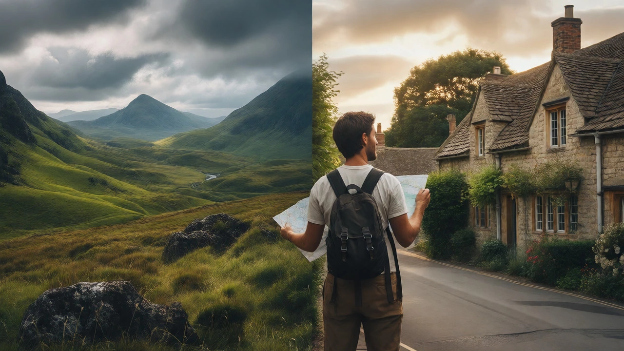 Traveler at a crossroads between Scottish highlands and English countryside.
