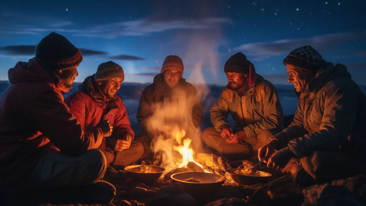 Traveler sharing a warm meal with local guides around a campfire at night.