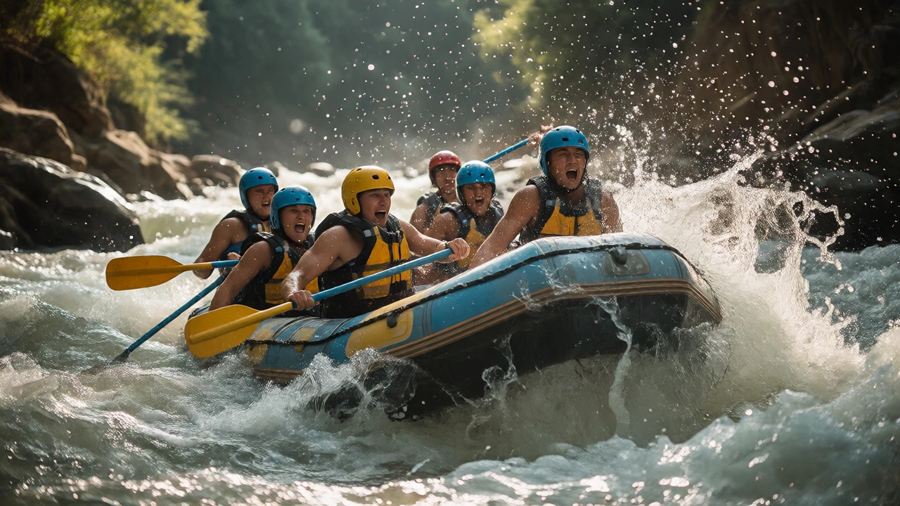 Travelers navigating white-water rapids on a raft during an adventurous holiday.