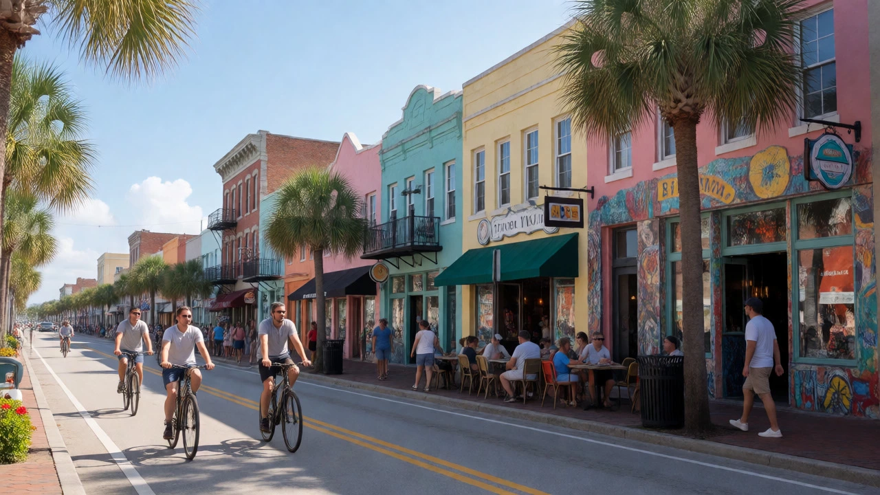 Walkable downtown St. Petersburg streets with cyclists and boutique shops