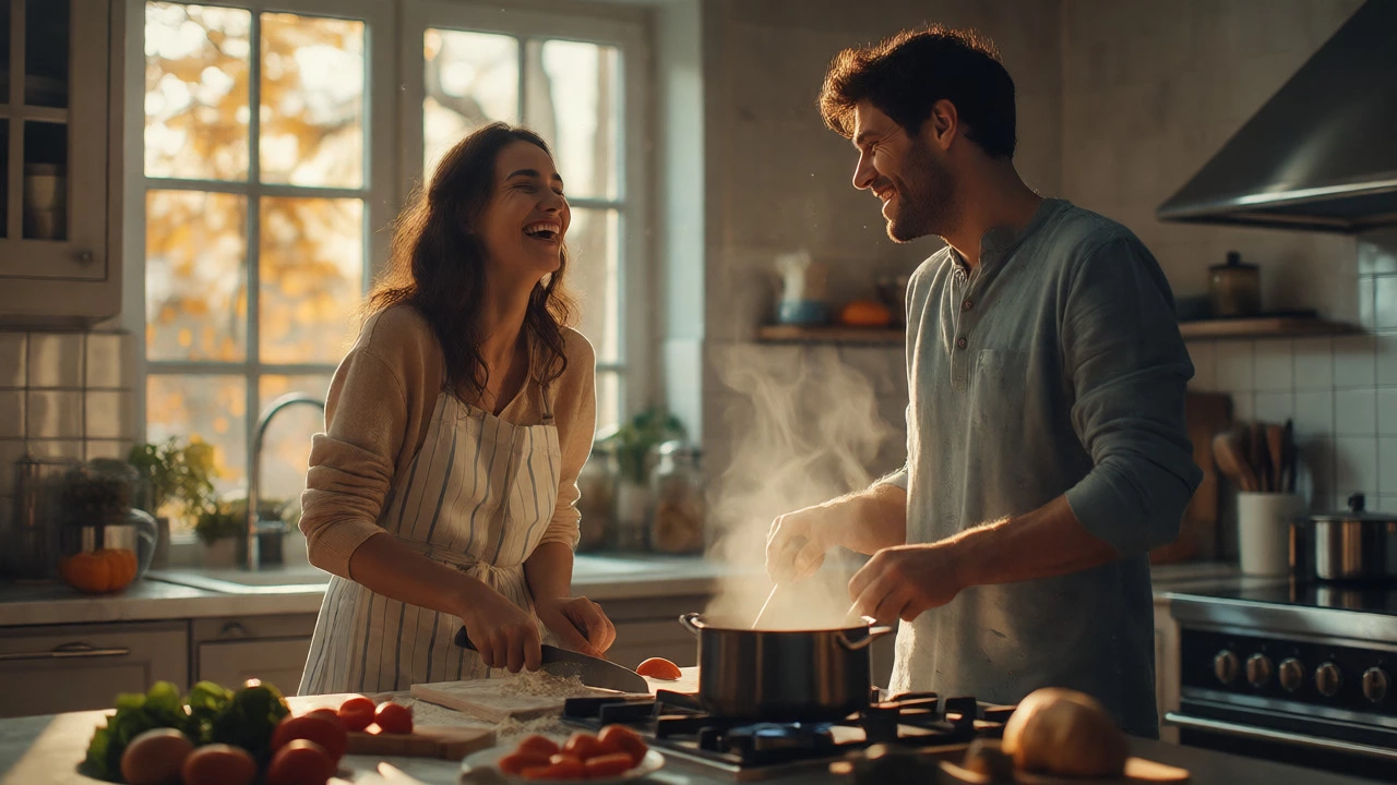 A happy couple cooking dinner together in a bright kitchen, illustrating daily consistency.