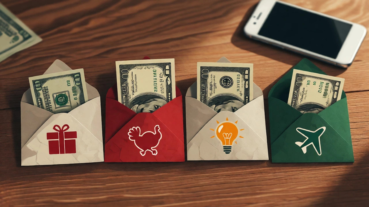 Close-up of cash being allocated into labeled envelopes for different holiday expense categories.