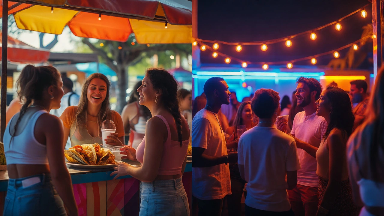 Contrasting scenes of casual Austin tacos and vibrant Miami nightlife for different dating styles.