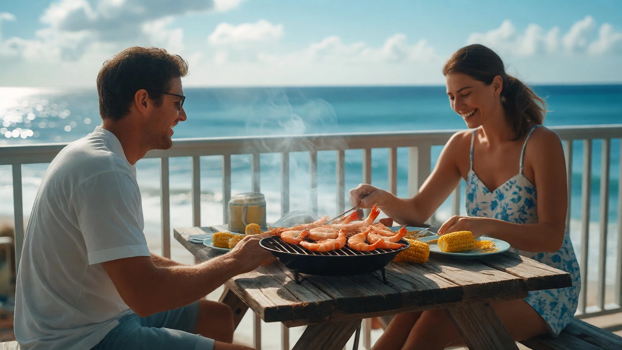 Couple grilling fresh seafood on a condo balcony overlooking a quiet, uncrowded South Carolina beach.