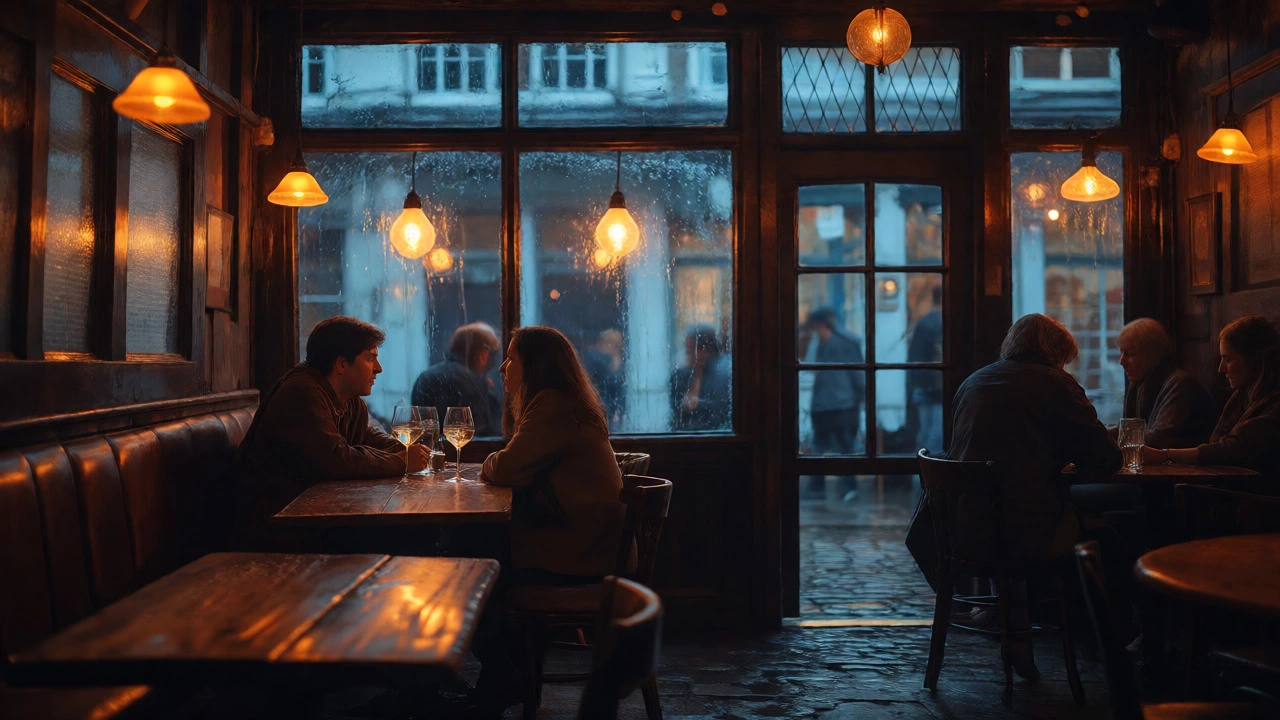 Couple talking intimately in a warm London pub, depicting organic offline connections.