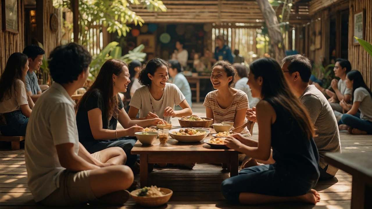 Diverse group of tourists enjoying a shared meal in an authentic local guesthouse courtyard.
