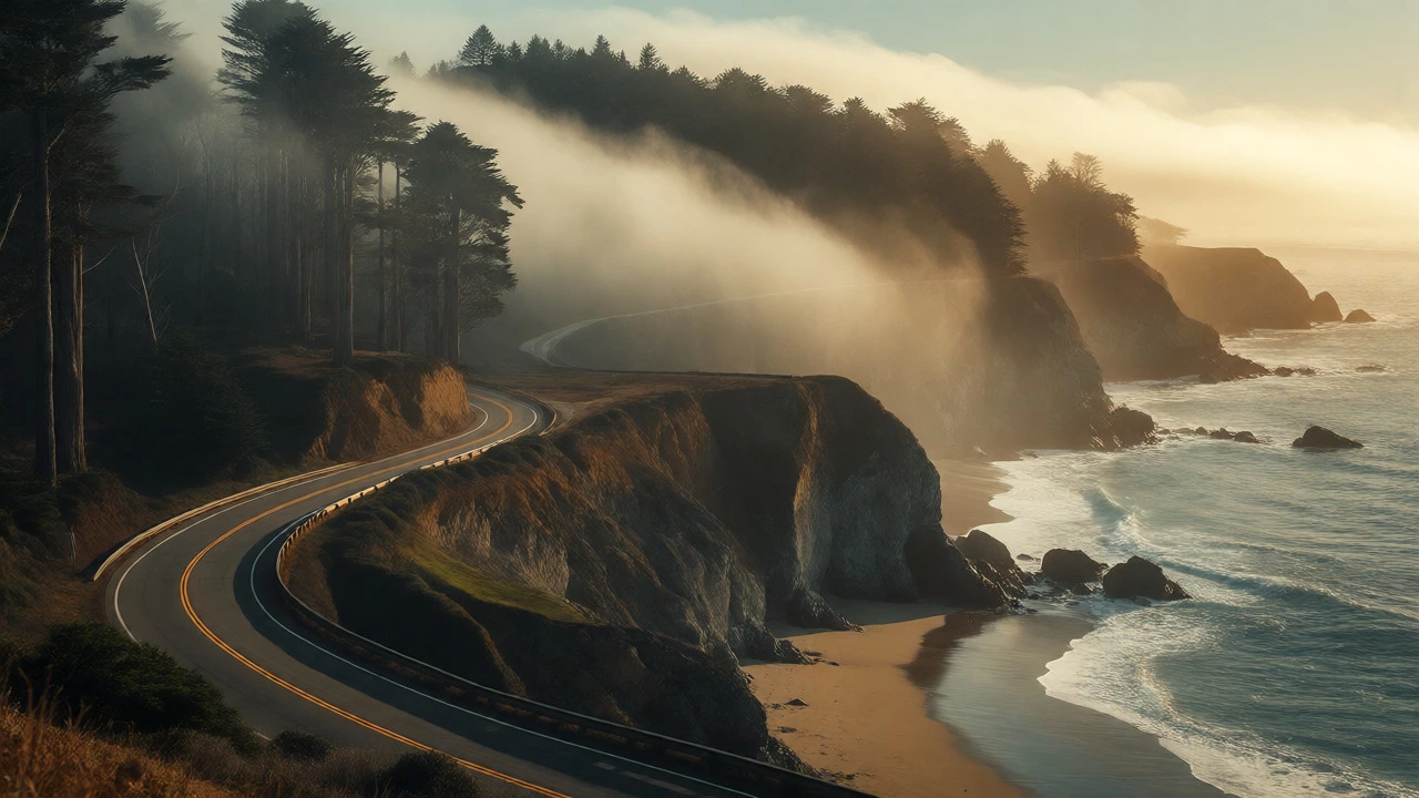 Foggy morning drive along Highway 1 in Big Sur, California