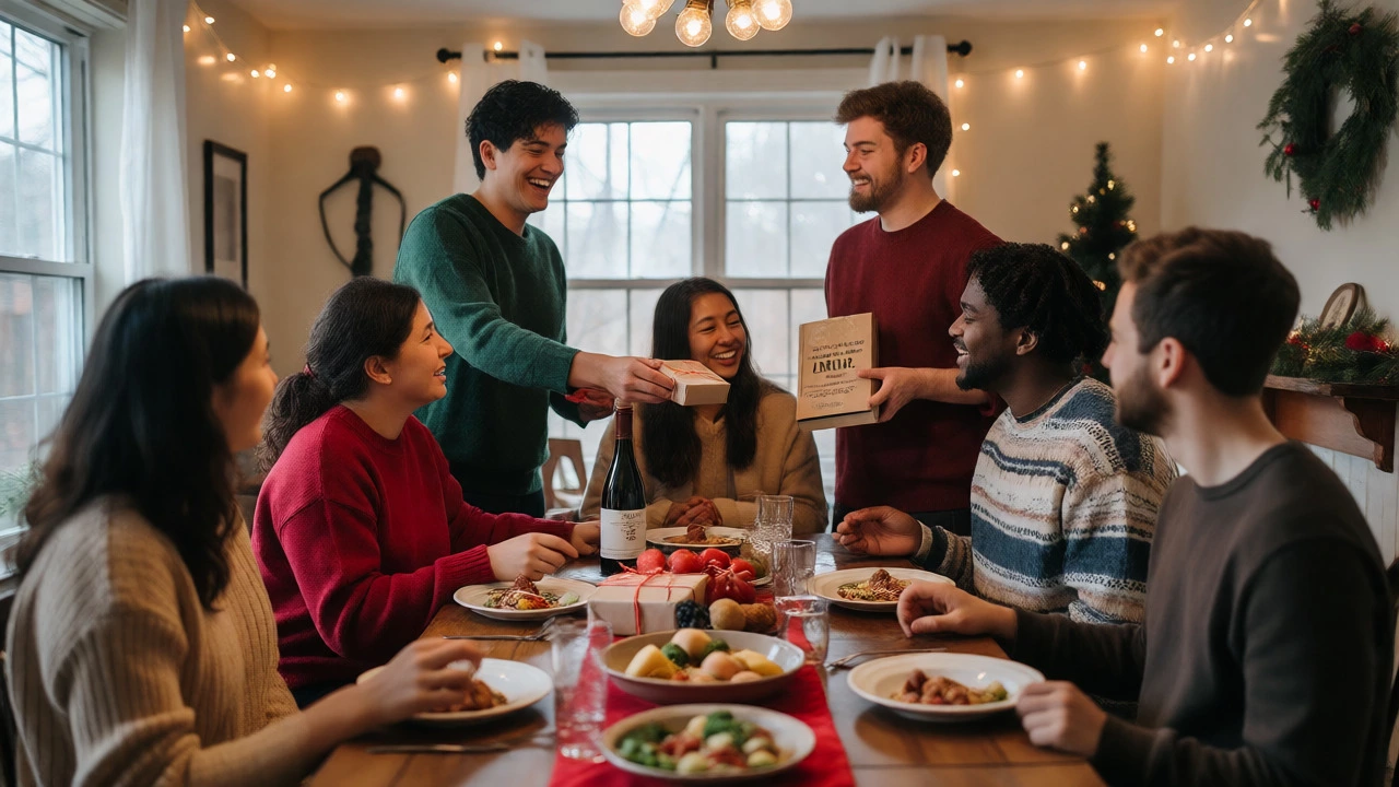 Friends exchanging simple, thoughtfully wrapped gifts during a relaxed home dinner gathering.