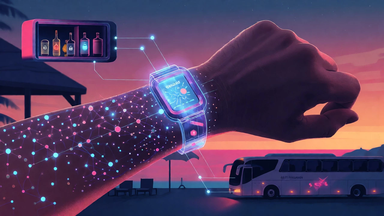 Glowing wristband connecting to resort amenities illustrating limited access