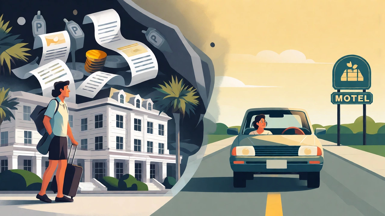Illustration comparing hidden costs in luxury towns with the straightforward savings of budget beach stays.