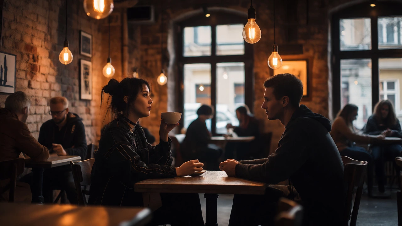 Intimate conversation in a cozy Berlin café setting