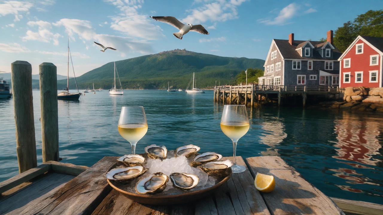 Oysters and wine on a dock in Bar Harbor with Acadia National Park in background