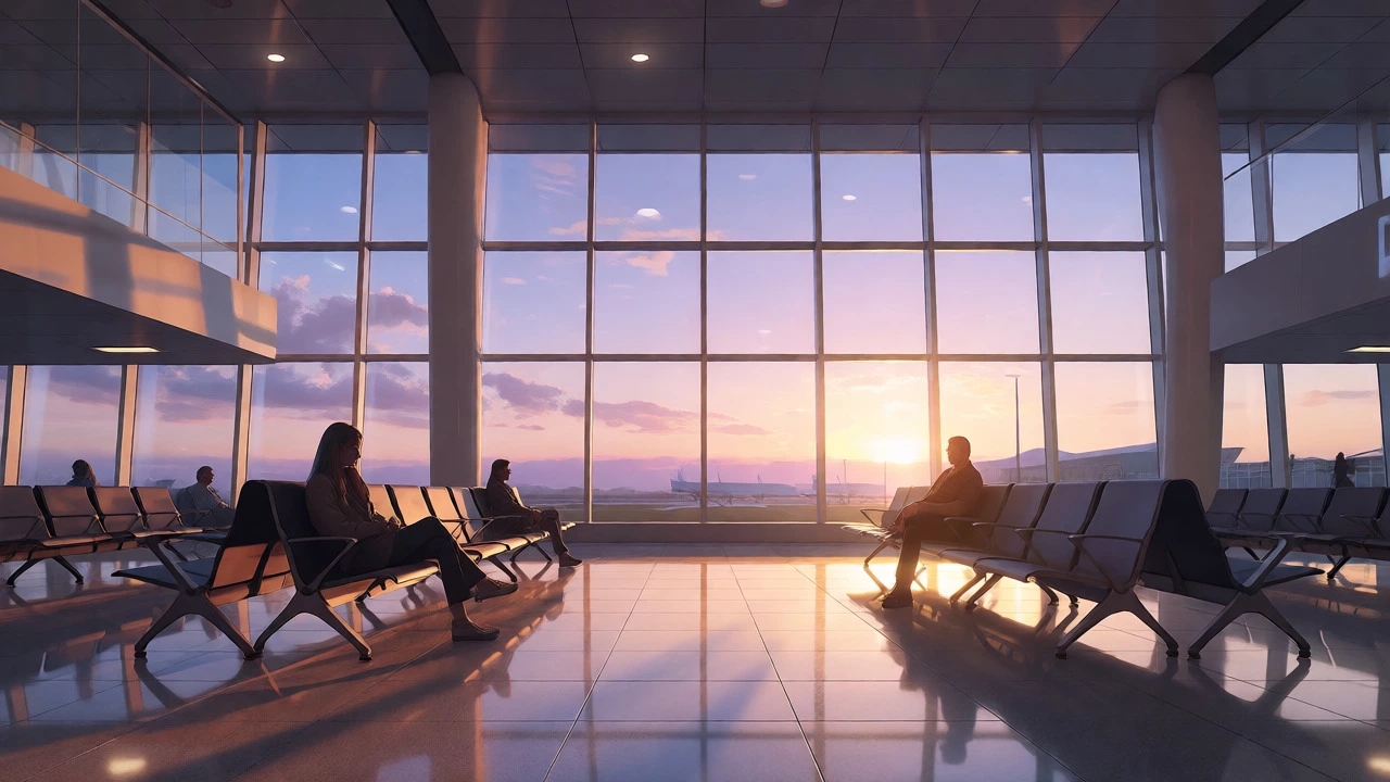 Quiet airport terminal at dawn with soft sunlight