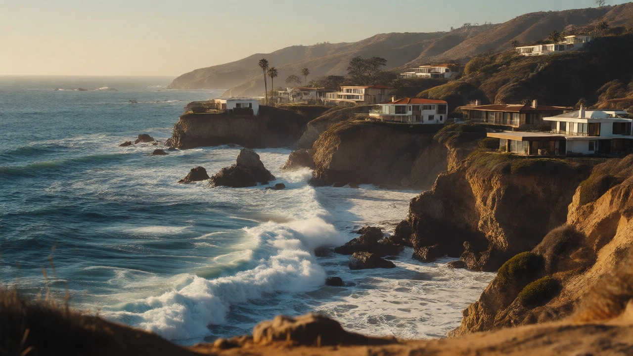 Rugged coastal cliffs and modern mansions overlooking the Pacific Ocean at Malibu's Billionaire's Beach.