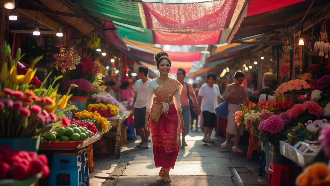 Smiling woman walking through a busy Bangkok street market