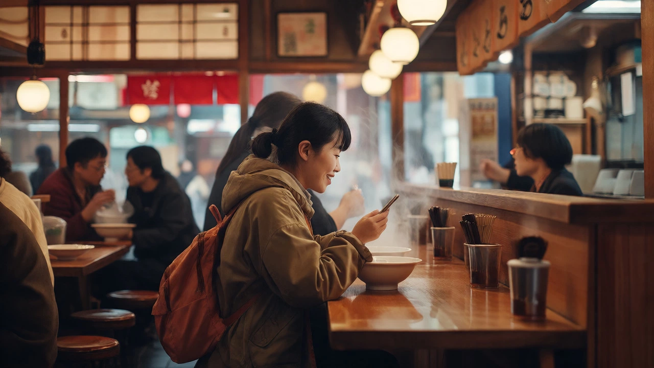 Solo female traveler eating ramen at a counter in Tokyo
