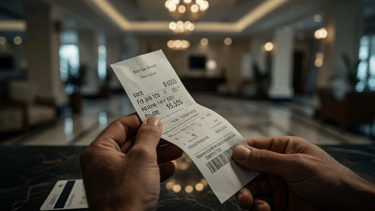 Traveler holding a high-cost resort bill at the check-out desk.