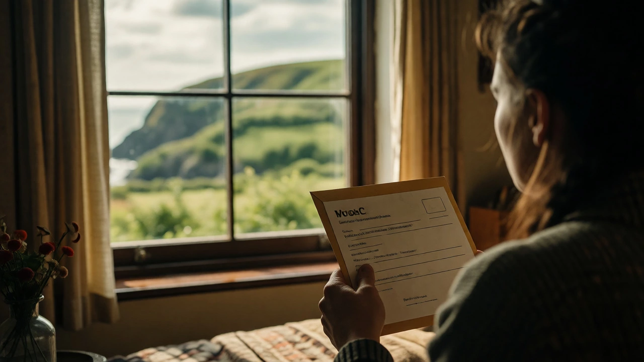 Traveler viewing Scottish Highlands from a B&amp;B window