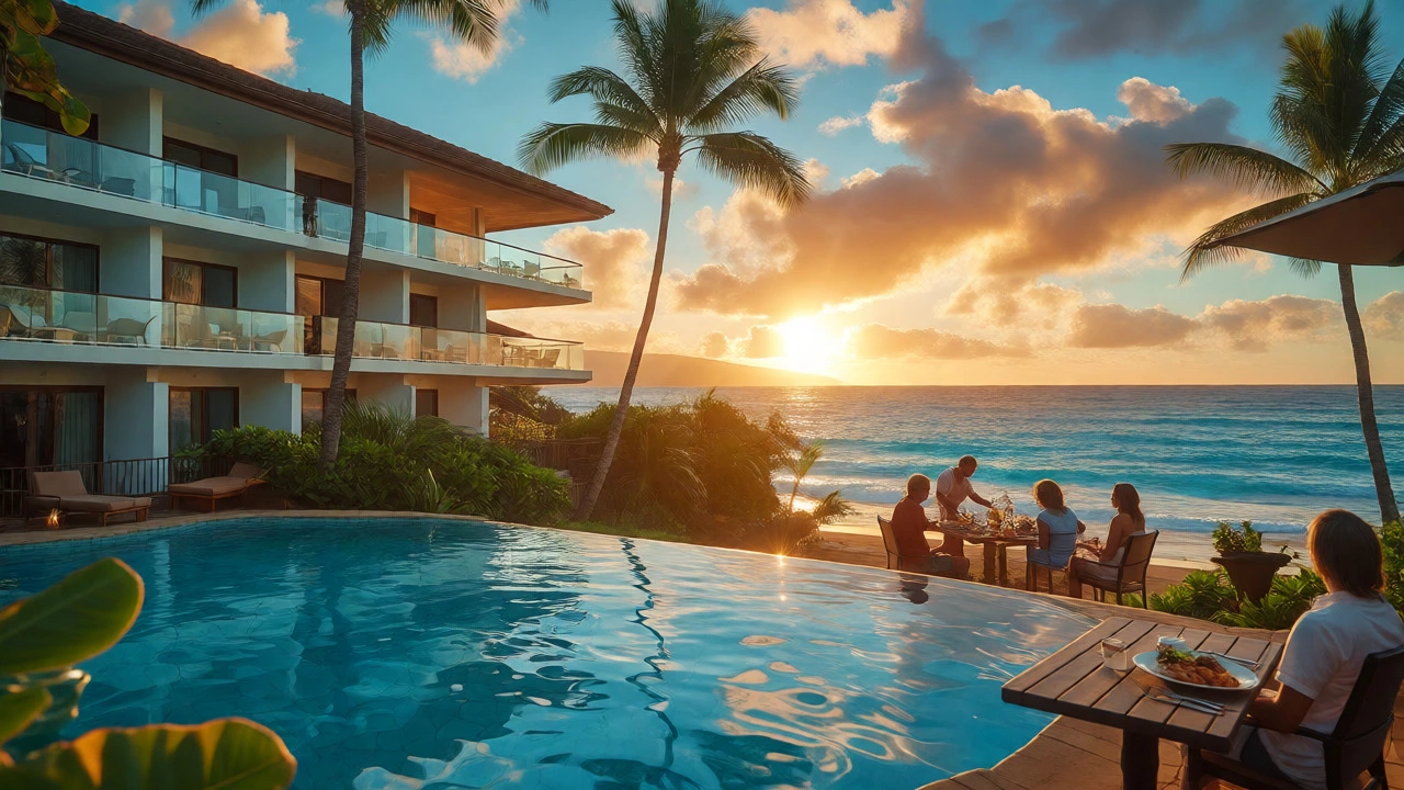 Tropical resort infinity pool and beachfront dining setup at Wailea, Maui, Hawaii during sunset.