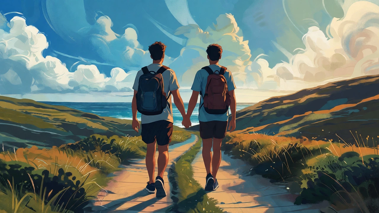 Two partners walking side-by-side on a coastal path, balancing independence and unity.