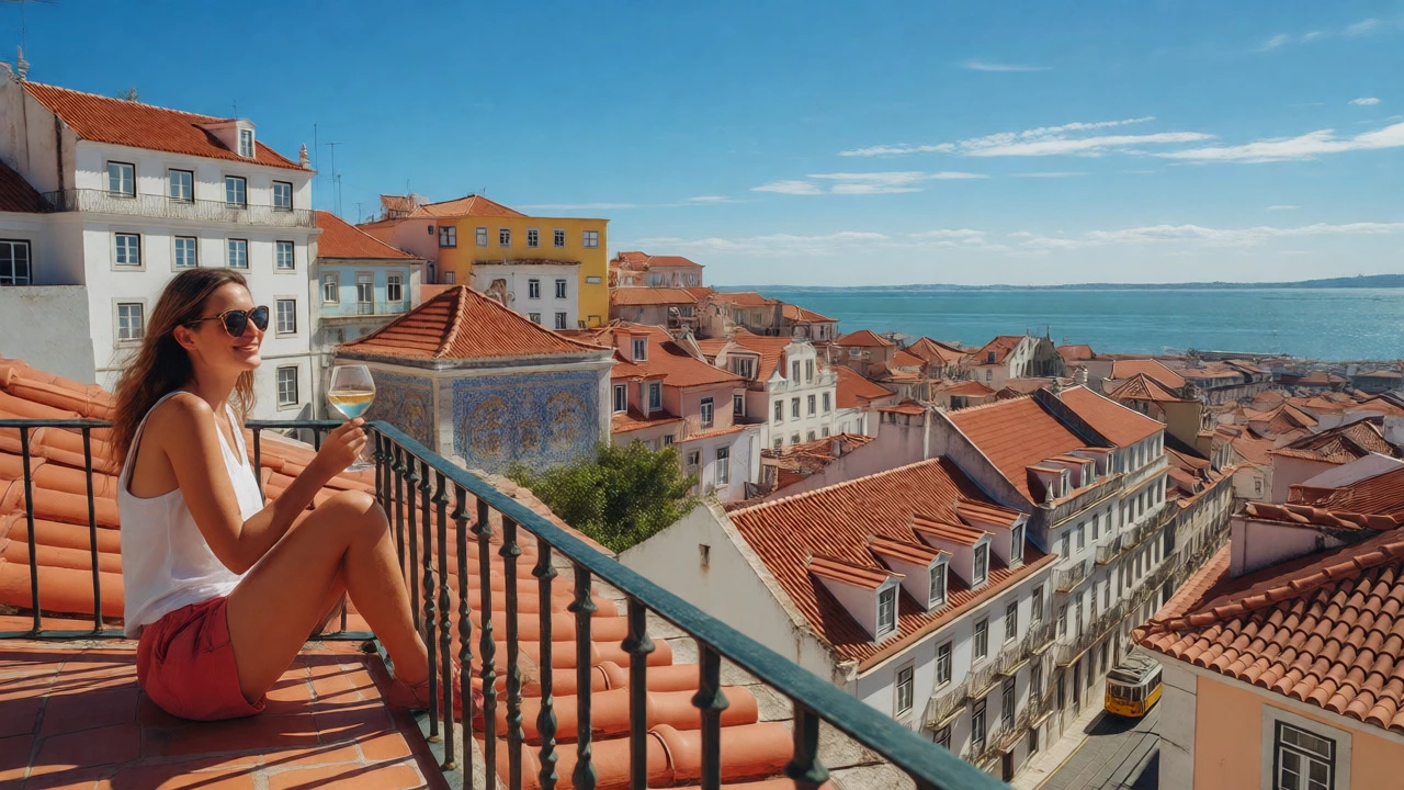 Woman enjoying a view from a rooftop terrace in Lisbon